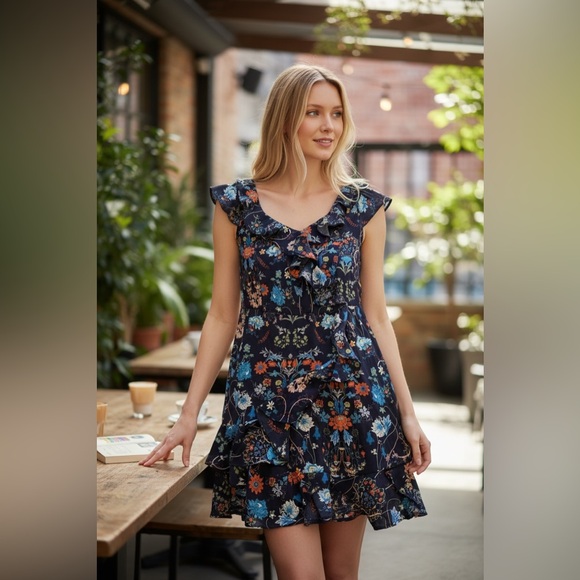 Papillon Blanc Dresses & Skirts - Papillon Ruffle Floral Print Dress-Size Large-Side Zipper